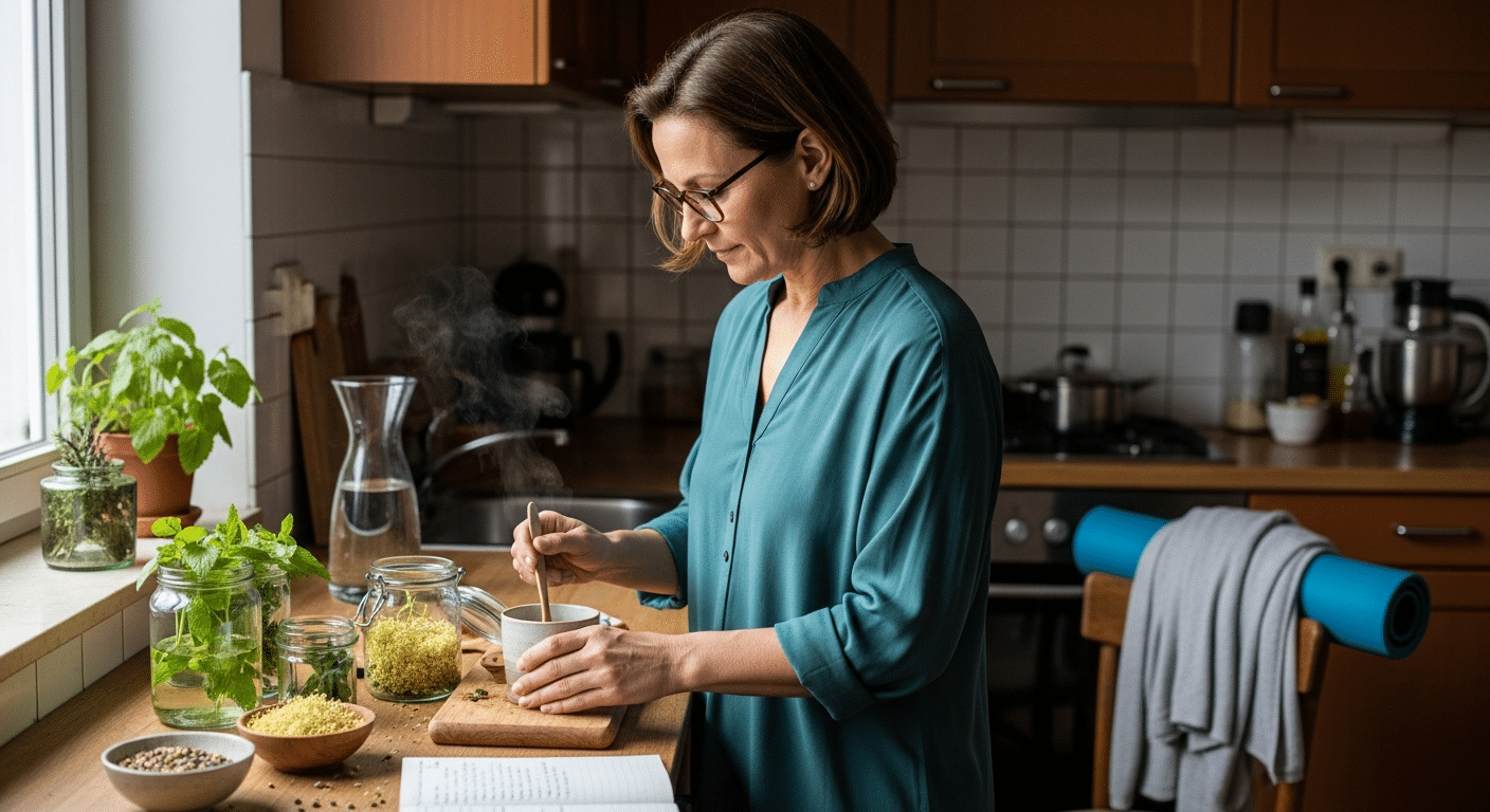 Középkorú nő készít gyógynövényes teát a konyhában — hőhullámok enyhítése természetesen