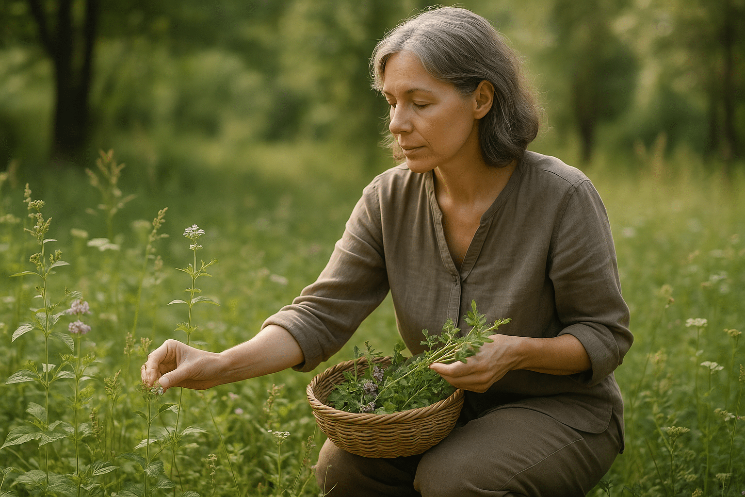 Női egészség: középkorú nő vadon termő gyógynövényeket gyűjt egy erdei tisztáson.