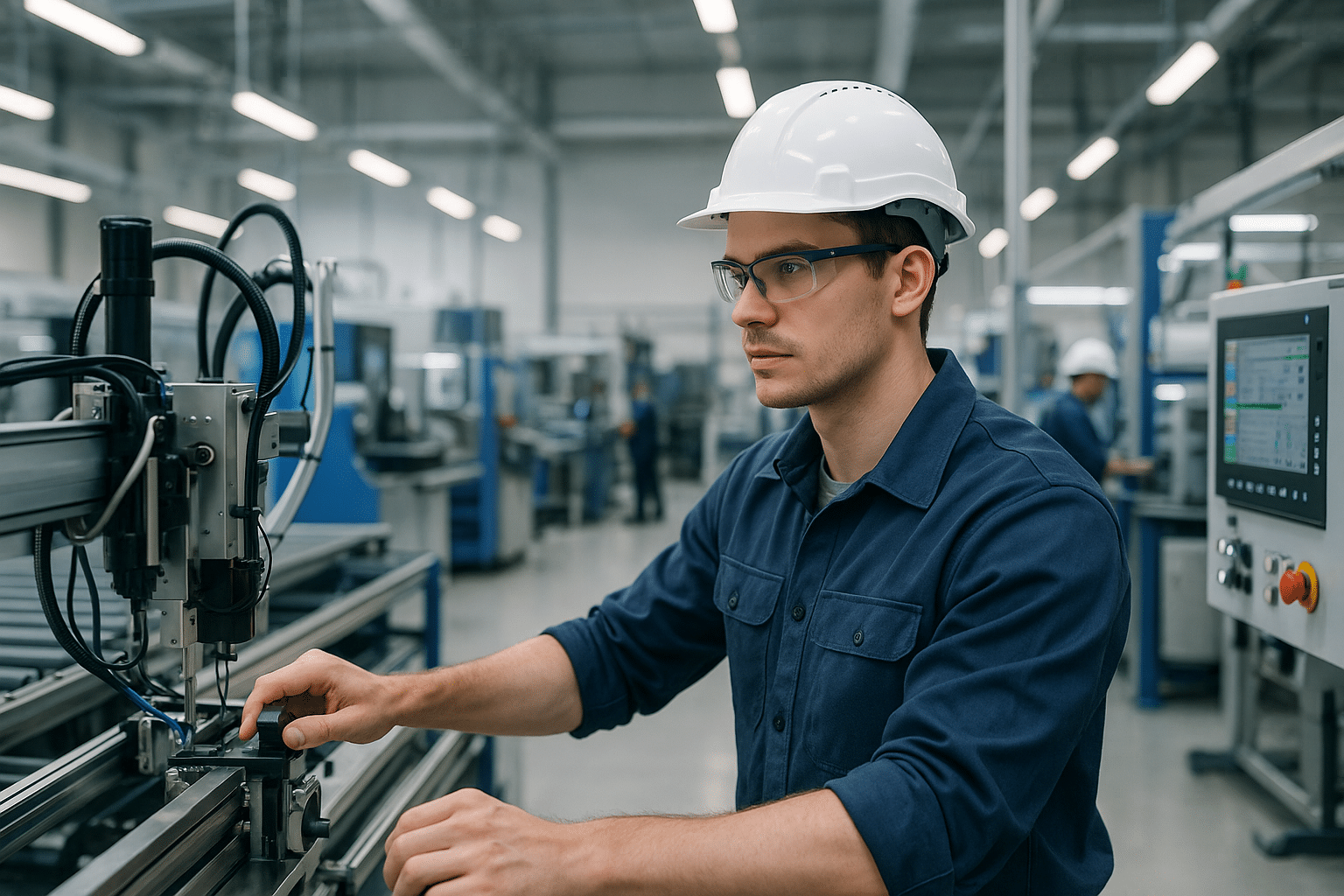 Fiatal operátor állásokban dolgozó technikus modern gyártóüzemben.