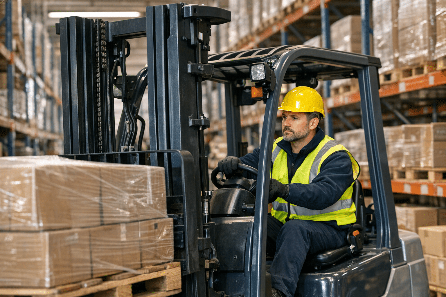 Targoncás állások: tapasztalt operátor biztonságosan vezet targoncát raktárban.