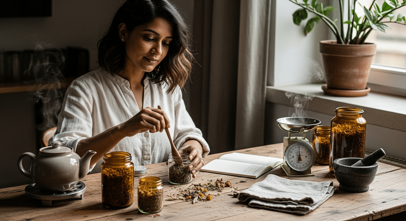 Harmincas dél-ázsiai nő gyógynövény teakeverékek készítését végzi otthon