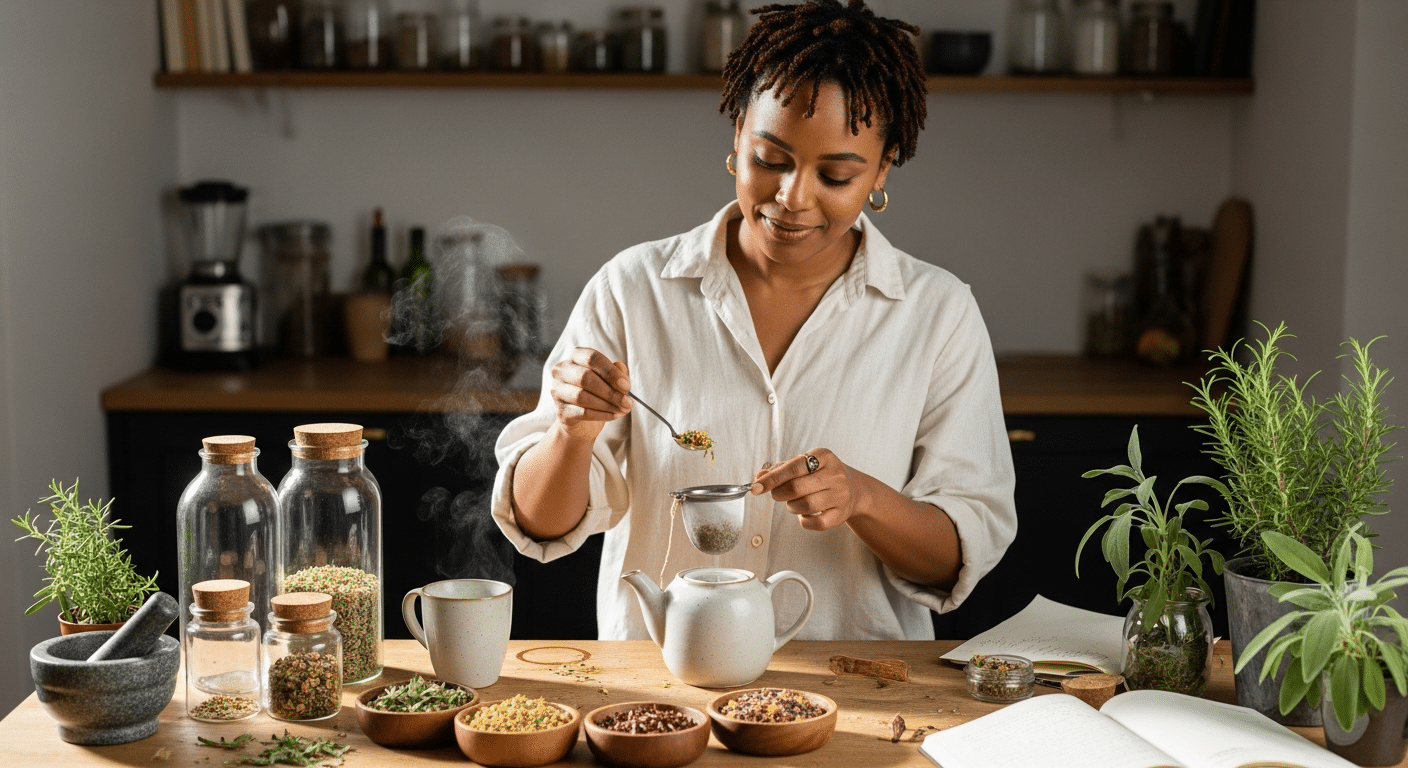 Nő teakeveréket készít meddőség támogatására napfényes otthoni konyhában