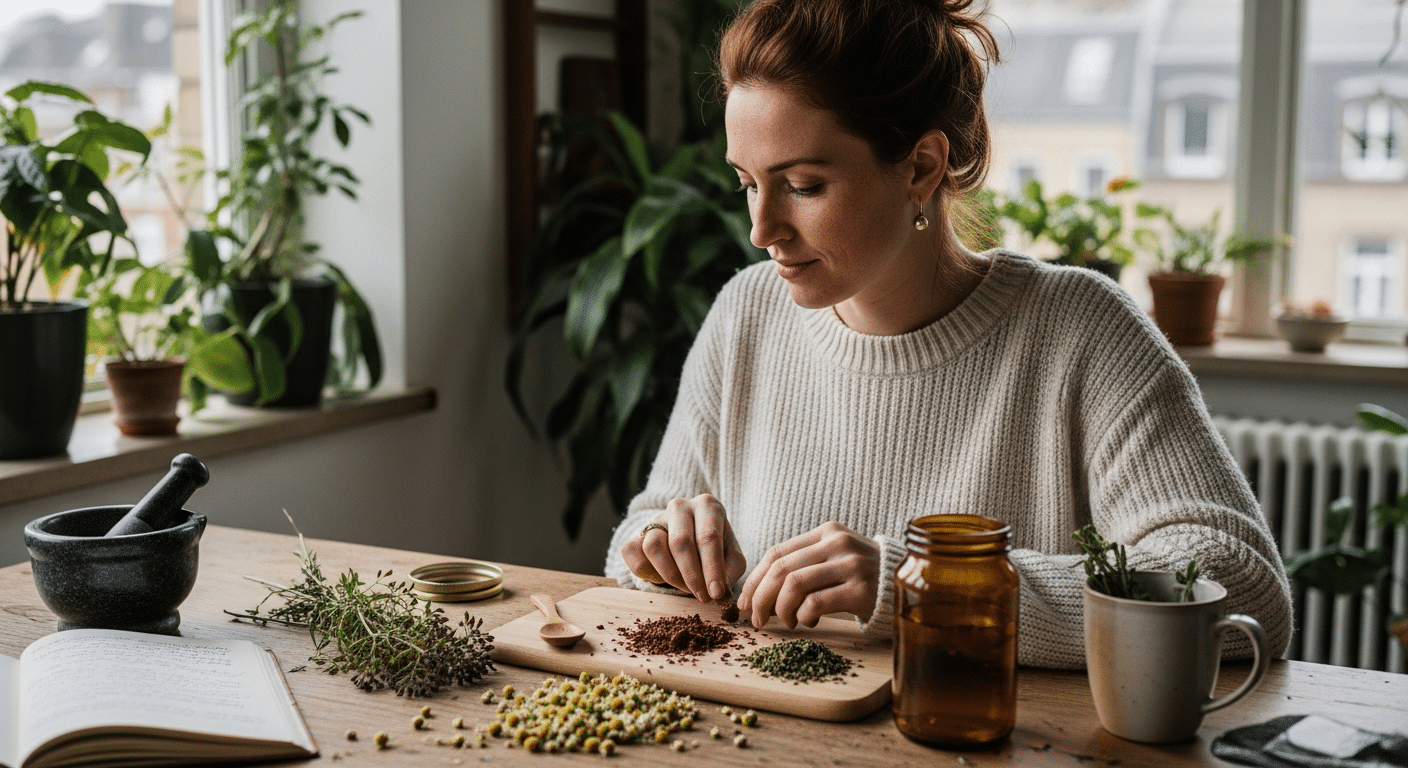 Nő készít gyógynövényes teát menorrhagia támogatására otthoni konyhában