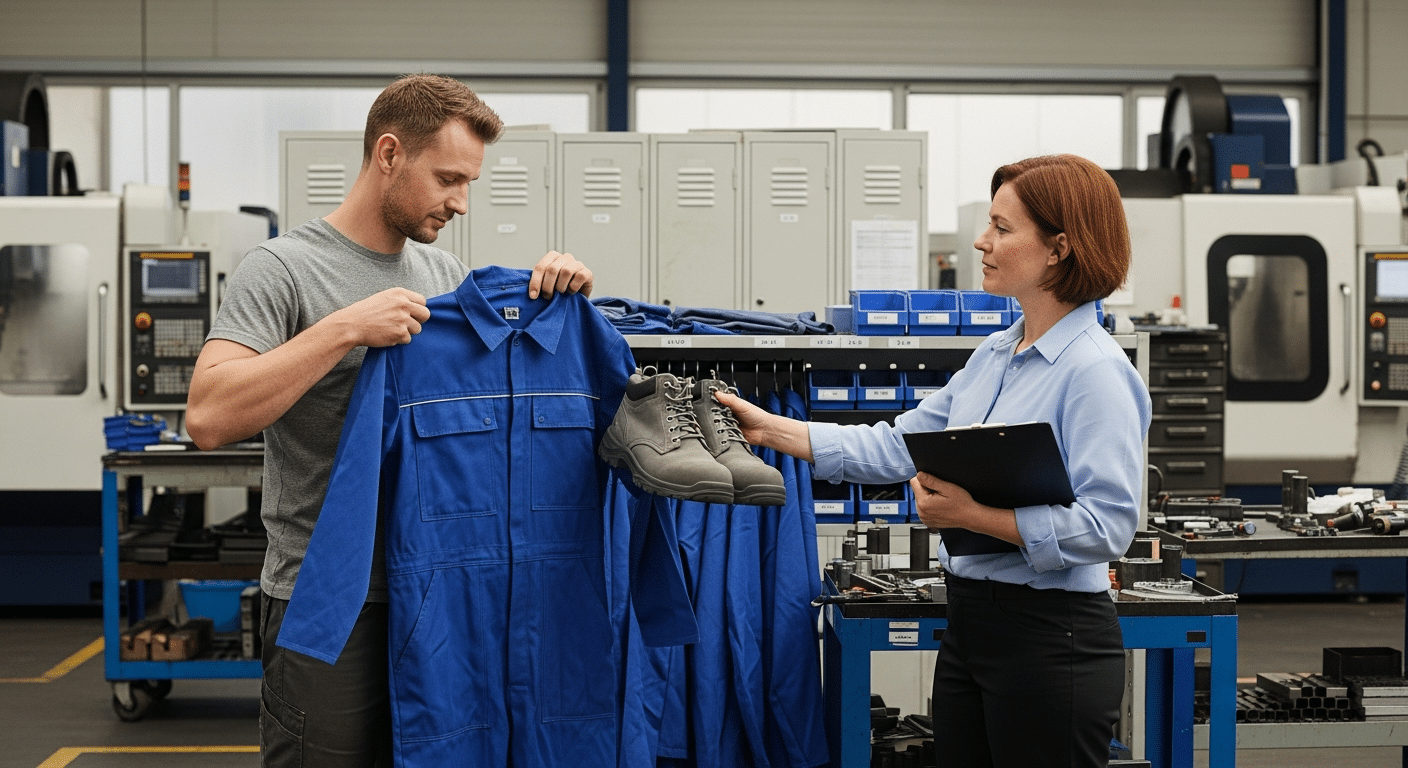 munkaruha biztosítása munkahelyen: HR átad kék overallt és védőcipőt