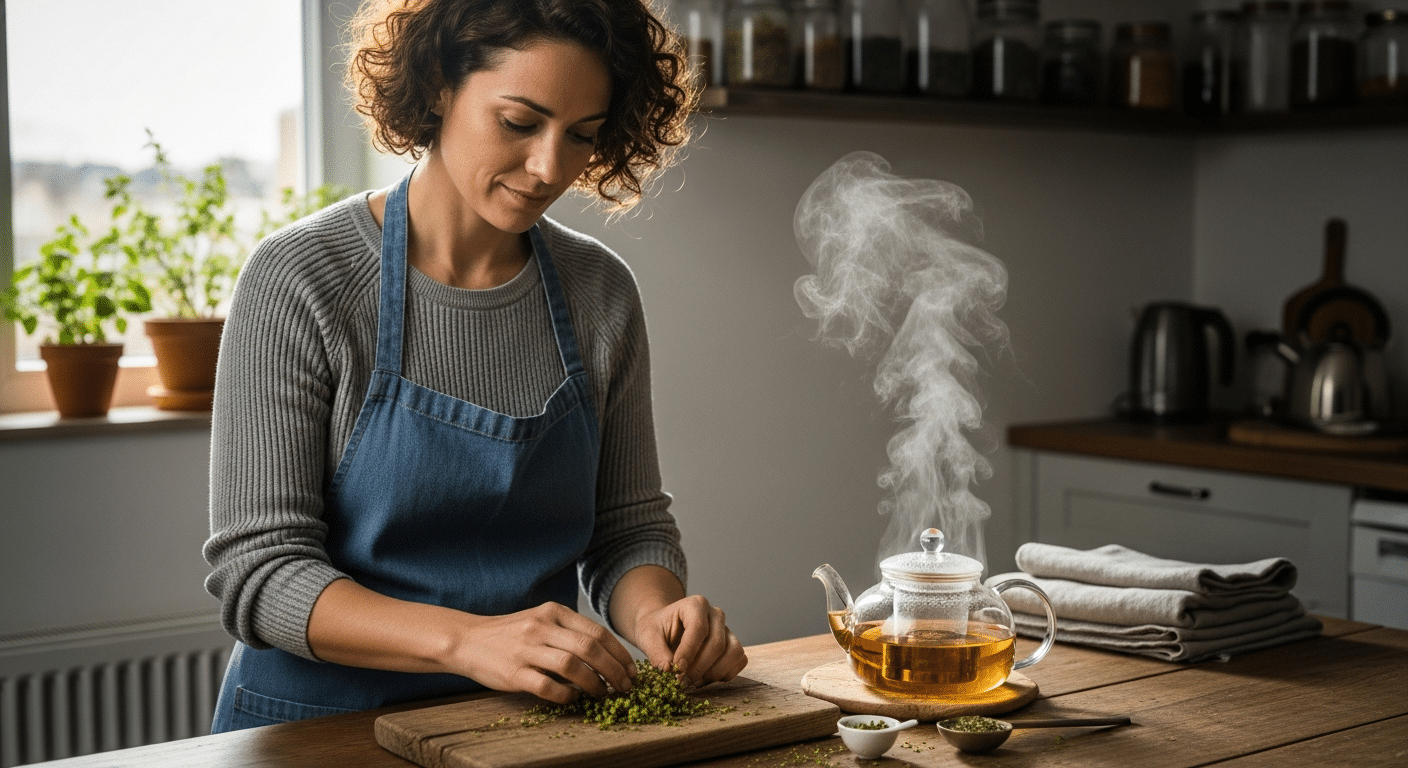 Nő készít teát pásztortáska vérzéscsillapító célra konyhában