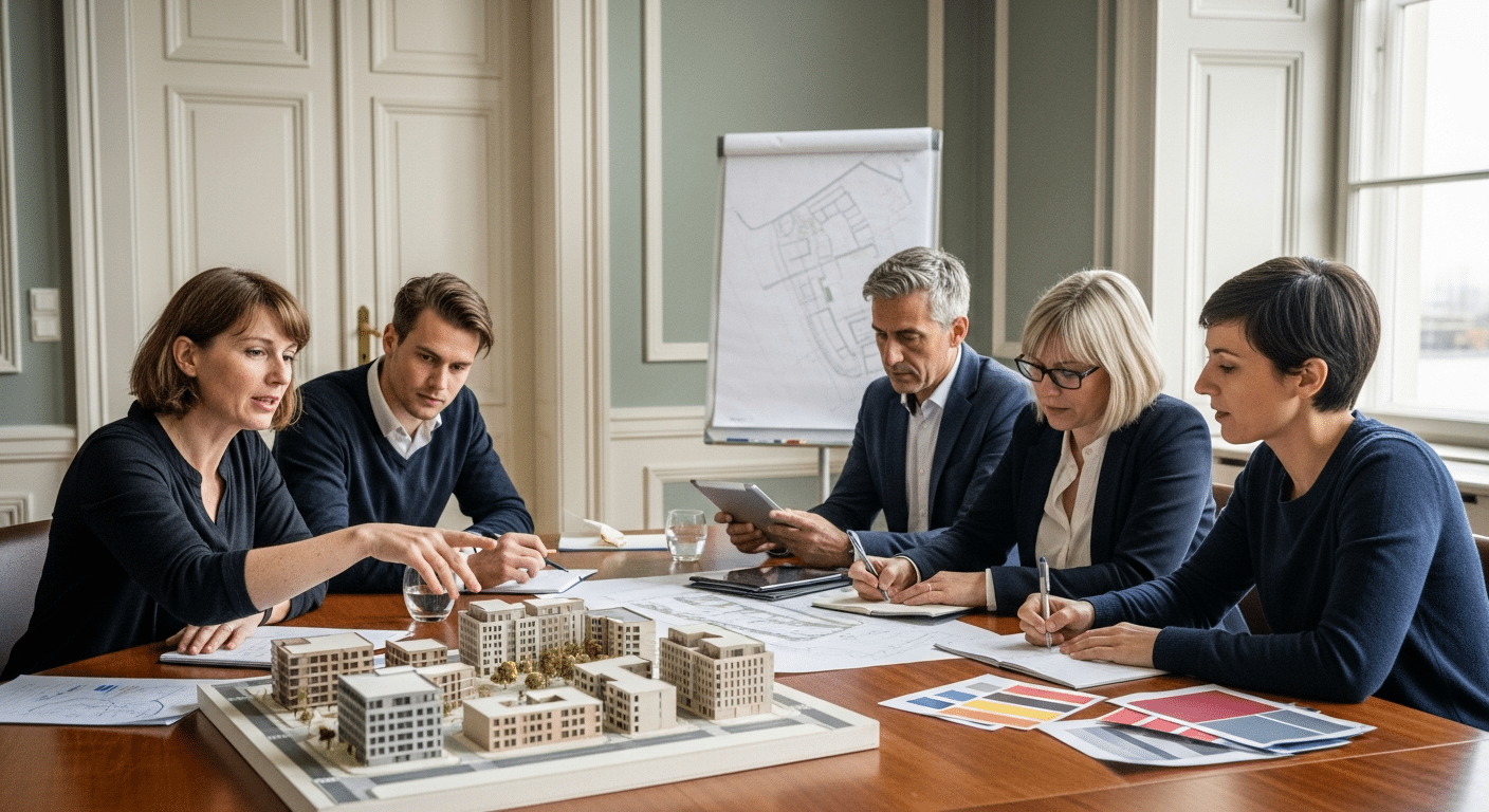 városfejlesztési stratégiák megbeszélése modellel és tervekkel interdiszciplináris csapattal
