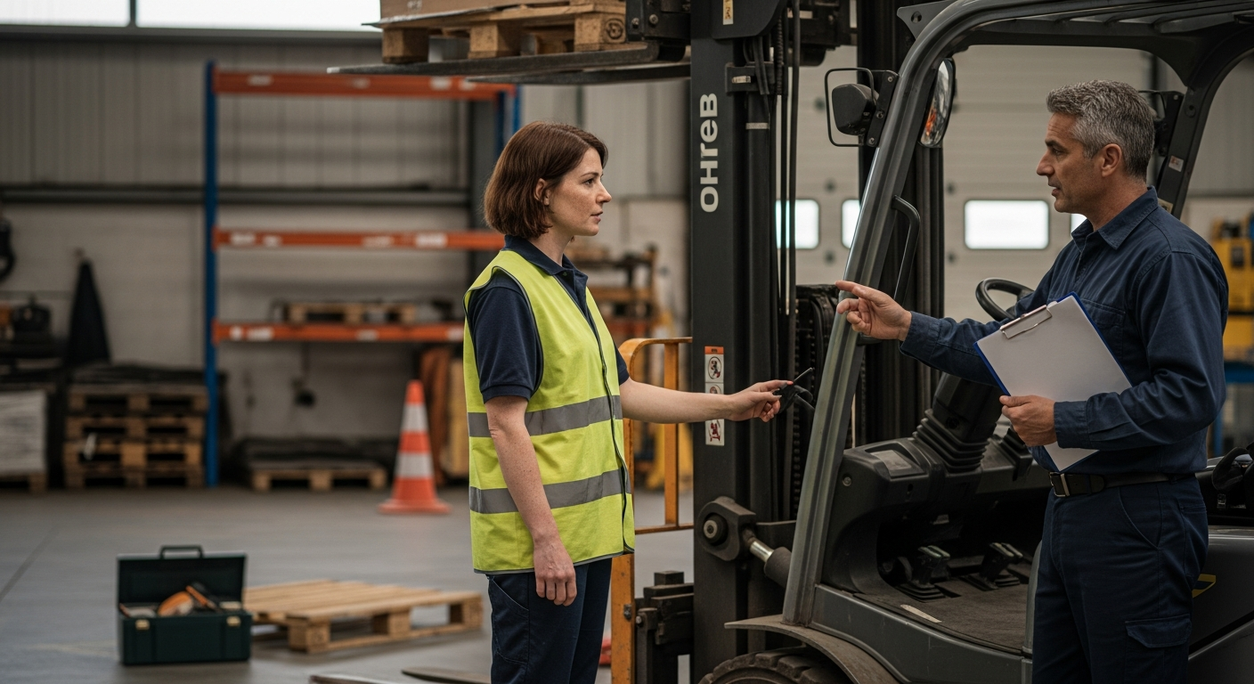 targoncás jogosítvány gyakorlati oktatás: női gyakornok és instruktor targonca mellett