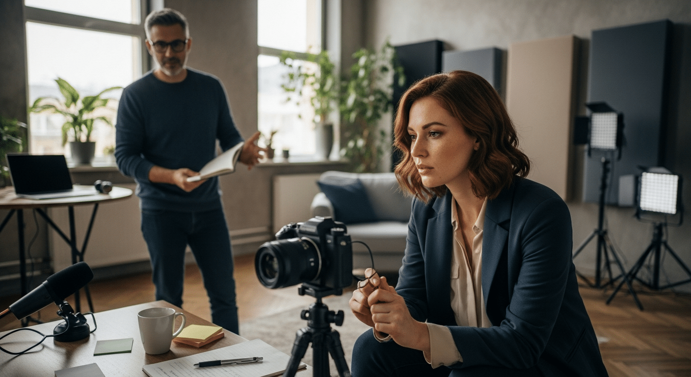 médiaszereplés tréning: nő gyakorlás közben DSLR előtt, instruktor