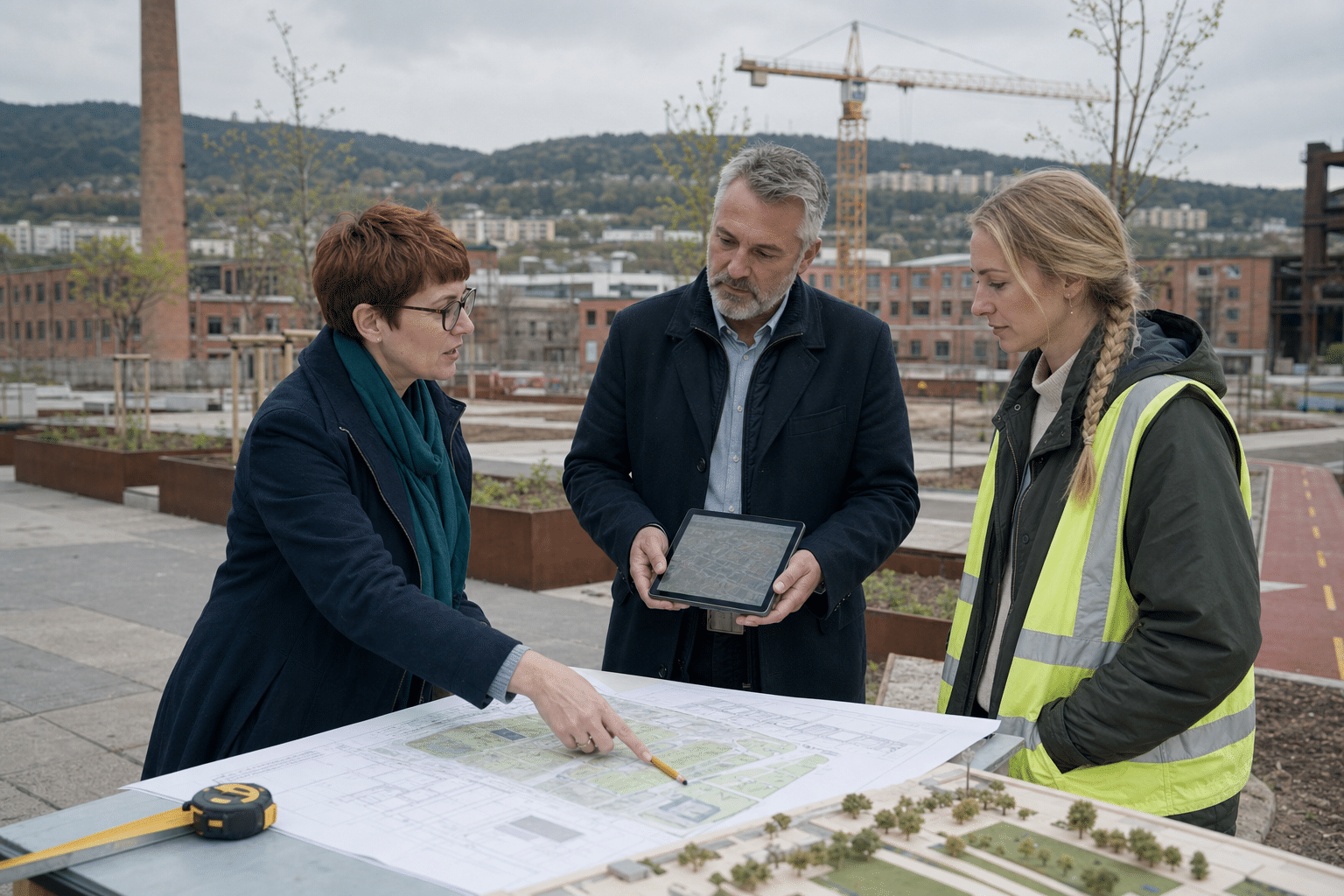 Helyszíni tervezőcsapat rehabilitált barnamezőn, településfejlesztési koncepció
